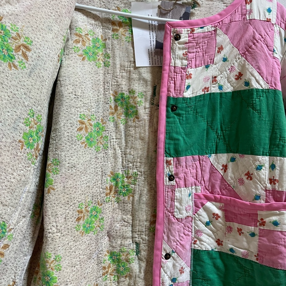 Handmade Patchwork Quilt Jacket Coat Pink Green Jacobs Ladder Medium - Picture 3 of 7
